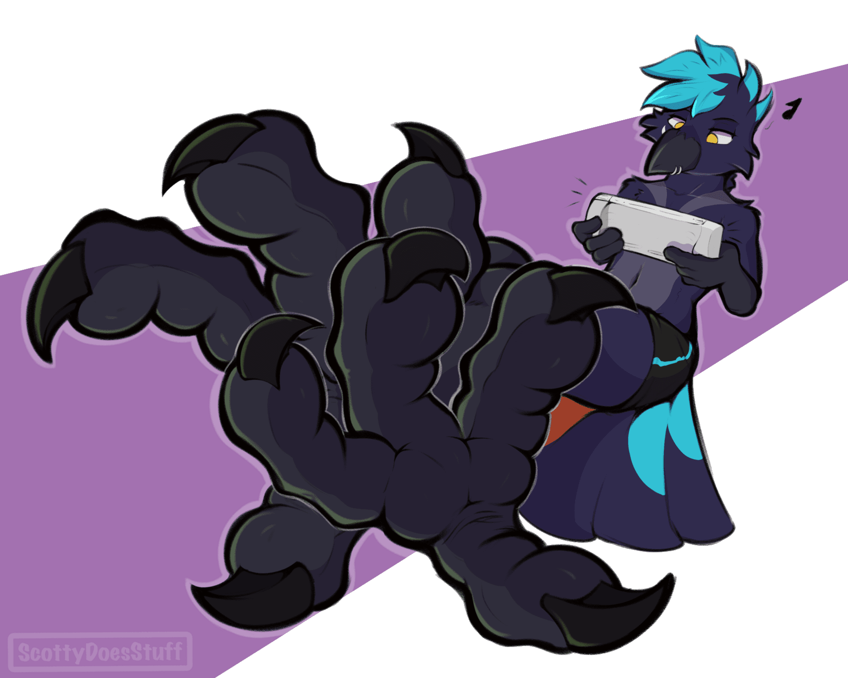 A bird resting his legs up, with a white Steam Deck in hand.